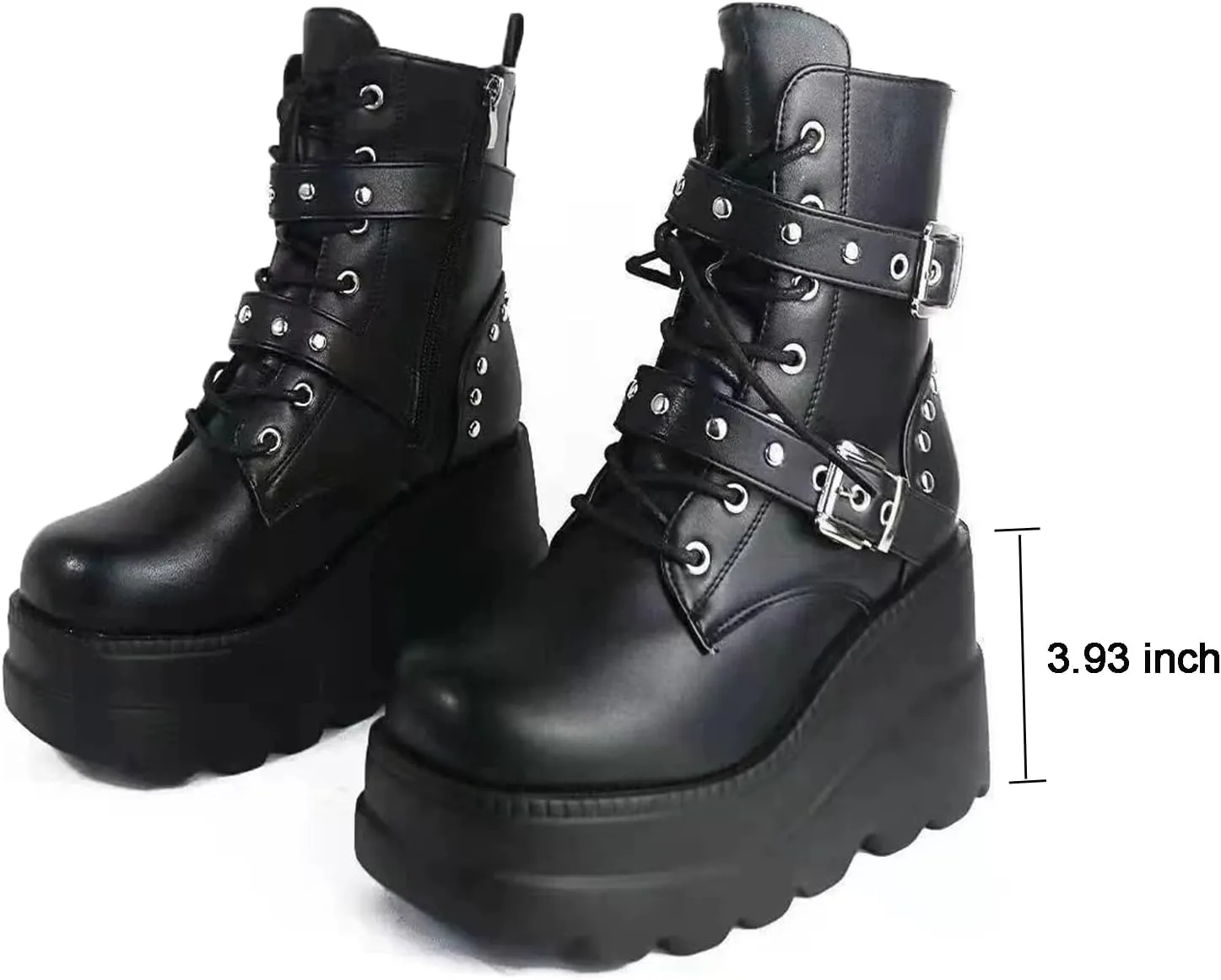 Goth Ankle Boots for Women, Platform Chunky High Heel Combat Boots, Black Punk Lace Up Wedge Rave Boots Shoes - DIY, Bat Buckle, Side Zip, US5.5-10