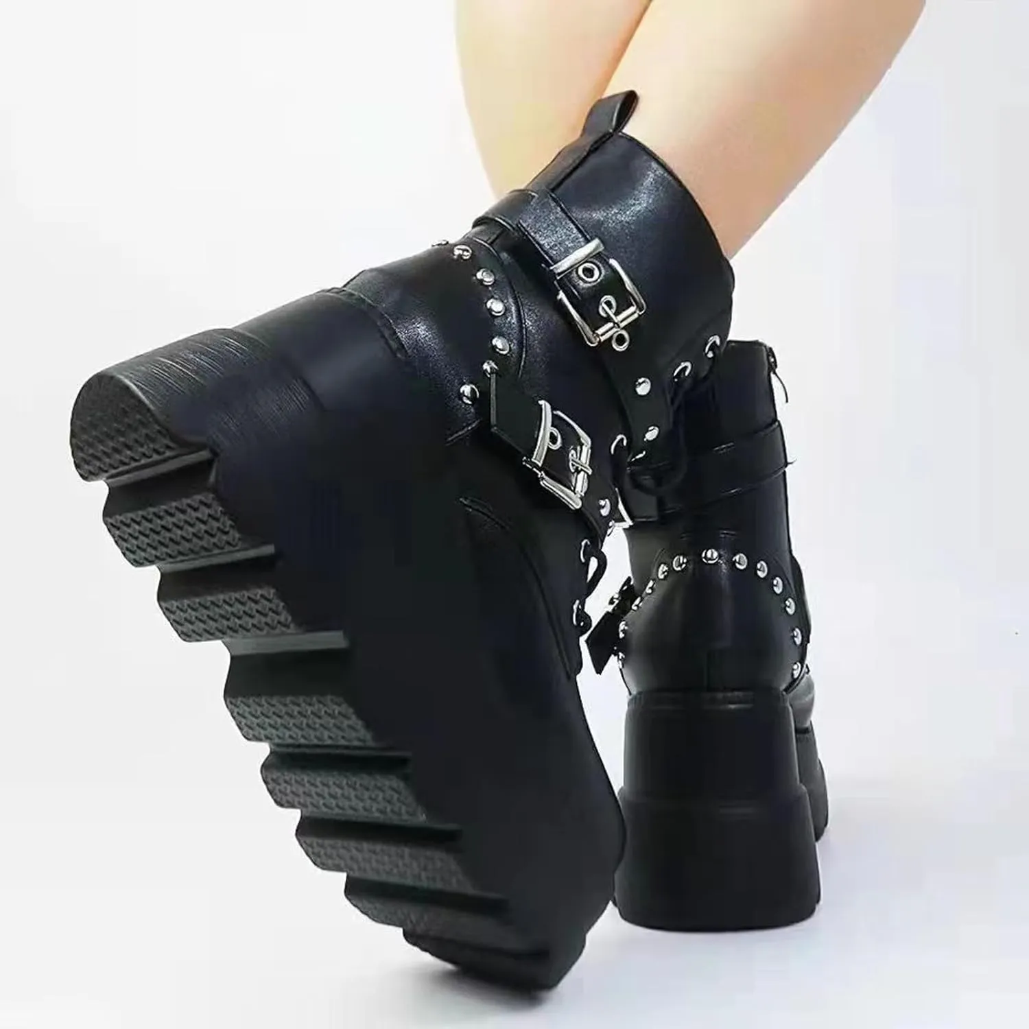 Goth Ankle Boots for Women, Platform Chunky High Heel Combat Boots, Black Punk Lace Up Wedge Rave Boots Shoes - DIY, Bat Buckle, Side Zip, US5.5-10