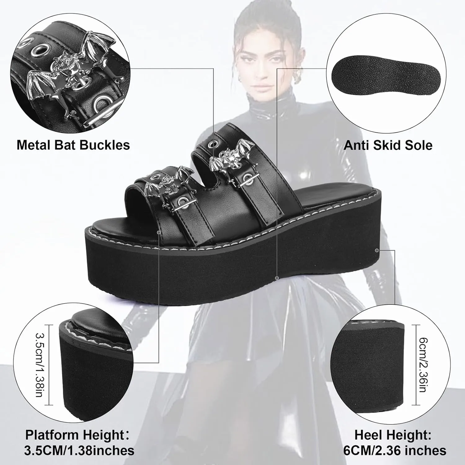 Gothniero women black platform sandals goth chunky wedge heel summer sandals girls gothic punk platform sandals for women metallic spider buckles slides size 5.5-11