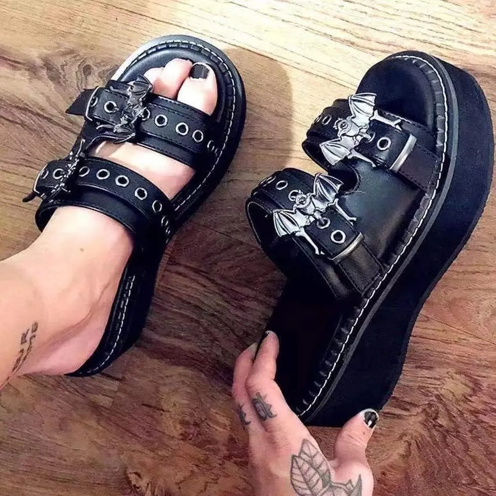 Gothniero women black platform sandals goth chunky wedge heel summer sandals girls gothic punk platform sandals for women metallic spider buckles slides size 5.5-11