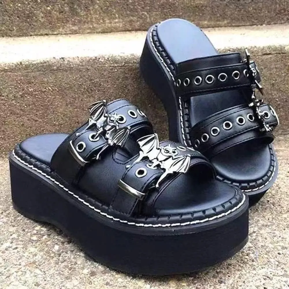 Gothniero women black platform sandals goth chunky wedge heel summer sandals girls gothic punk platform sandals for women metallic spider buckles slides size 5.5-11