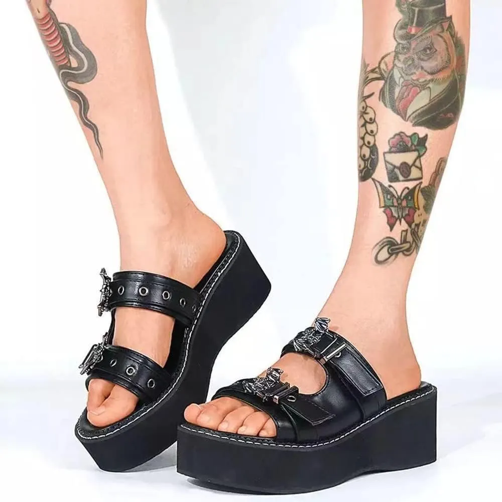 Gothniero women black platform sandals goth chunky wedge heel summer sandals girls gothic punk platform sandals for women metallic spider buckles slides size 5.5-11