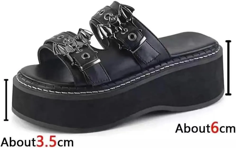 Gothniero women black platform sandals goth chunky wedge heel summer sandals girls gothic punk platform sandals for women metallic spider buckles slides size 5.5-11
