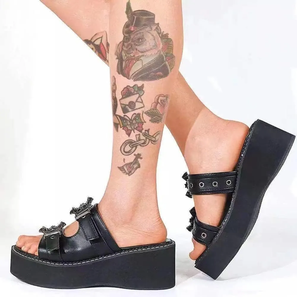 Gothniero women black platform sandals goth chunky wedge heel summer sandals girls gothic punk platform sandals for women metallic spider buckles slides size 5.5-11
