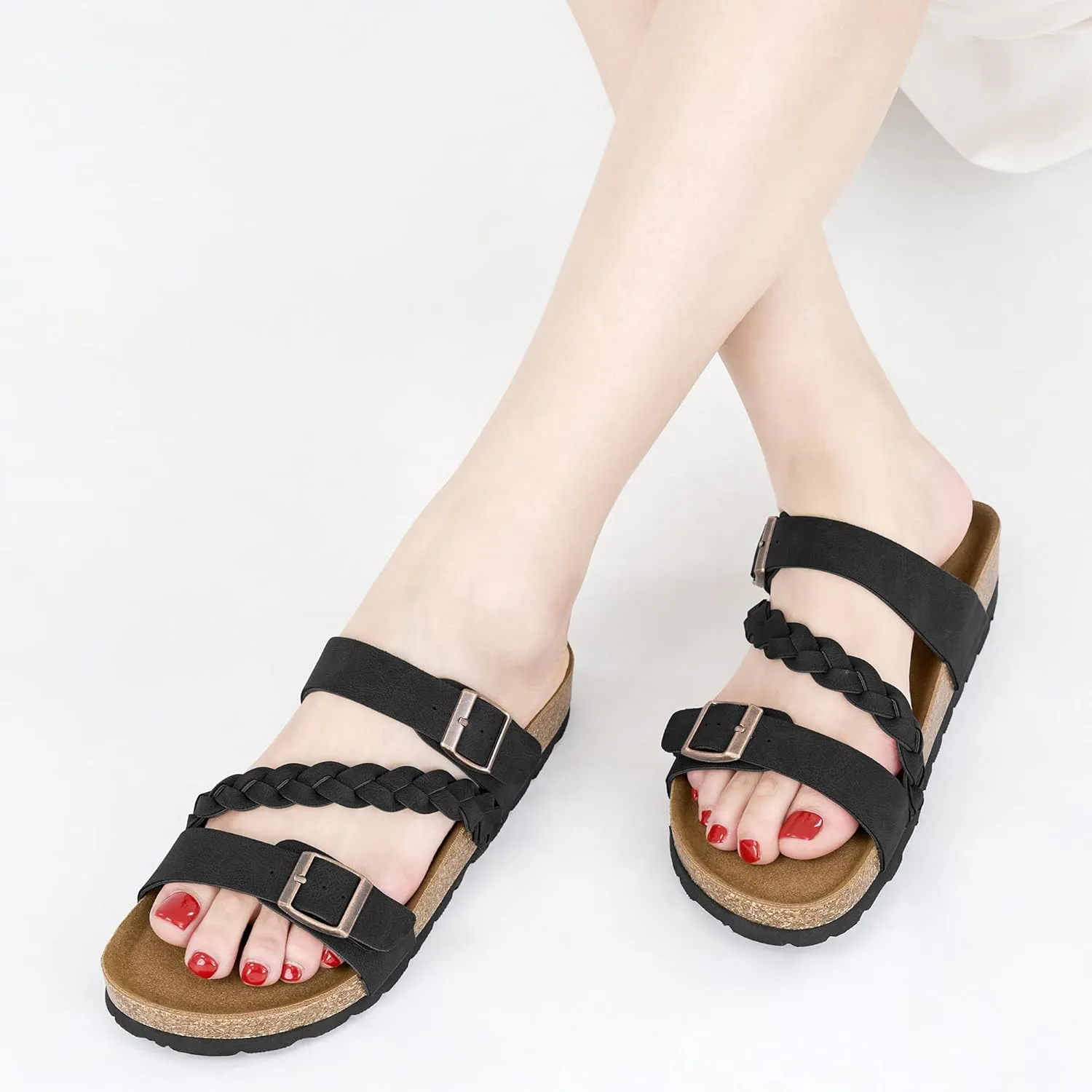 HARENCE Womens Flat Slides Sandals: Comfort Cork Footbed Slip On Slide Shoes Adjustable Buckle Open Toe Summer Outdoor Beach Sandal