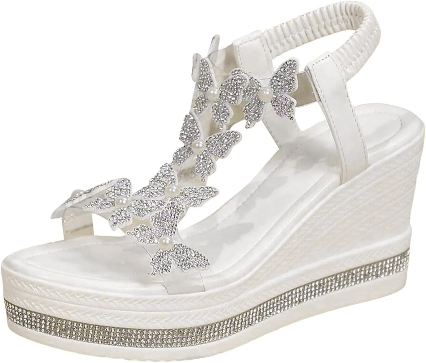 Hbeylia Rhinestones Wedge Sandals for Women Sparkly Butterfly Dressy Summer Open Toe Low Platform Wedges Sandals Elastic Ankle Strap Bling Heels Dress Shoes Comfortable Casual Slip On Sandals