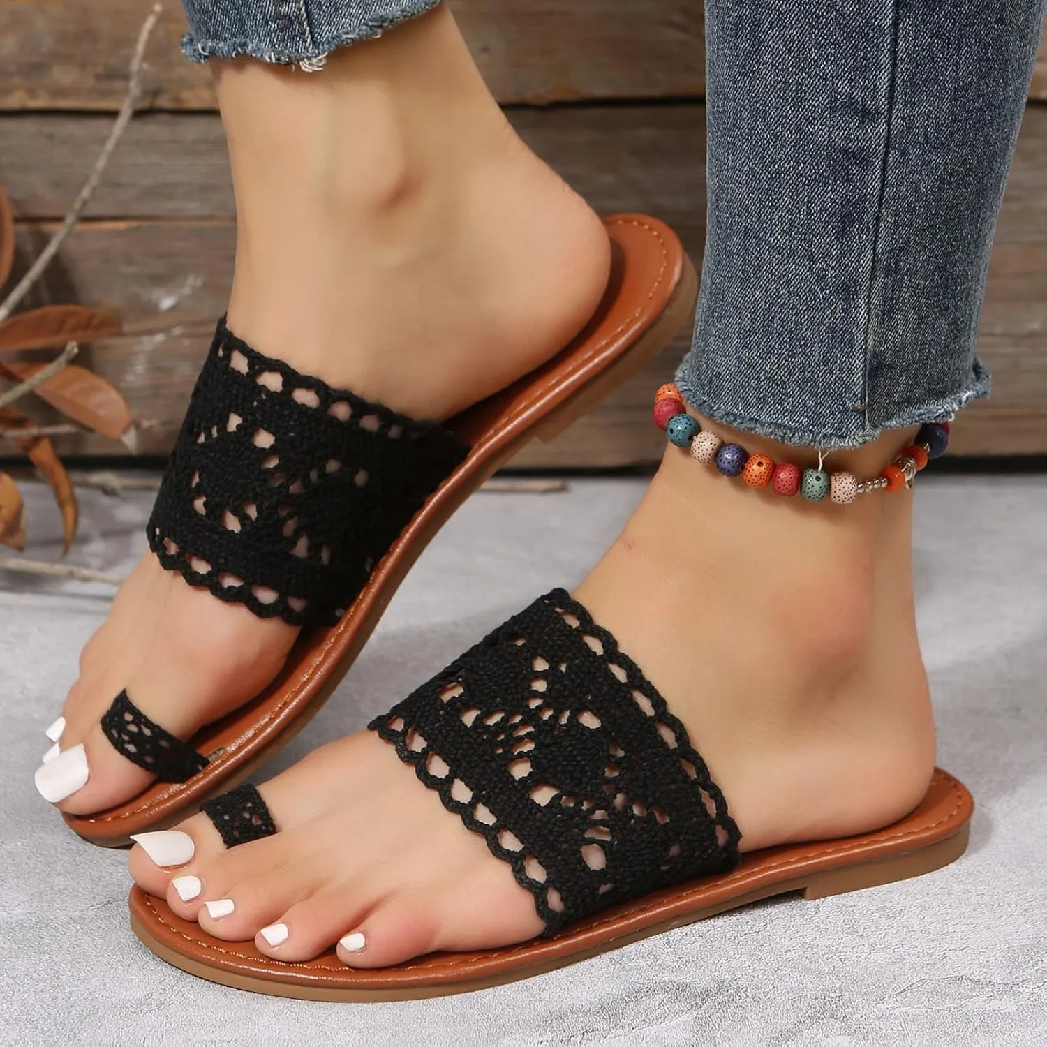Hbeylia Women’s Slip on Flip Flops Toe Ring Slides Comfort Breathble Knitted Strap Flat Summer Sandals Fashion Footbed Flat Boho Chunky Flat Heel Beach Flip Flops Slides Thongs