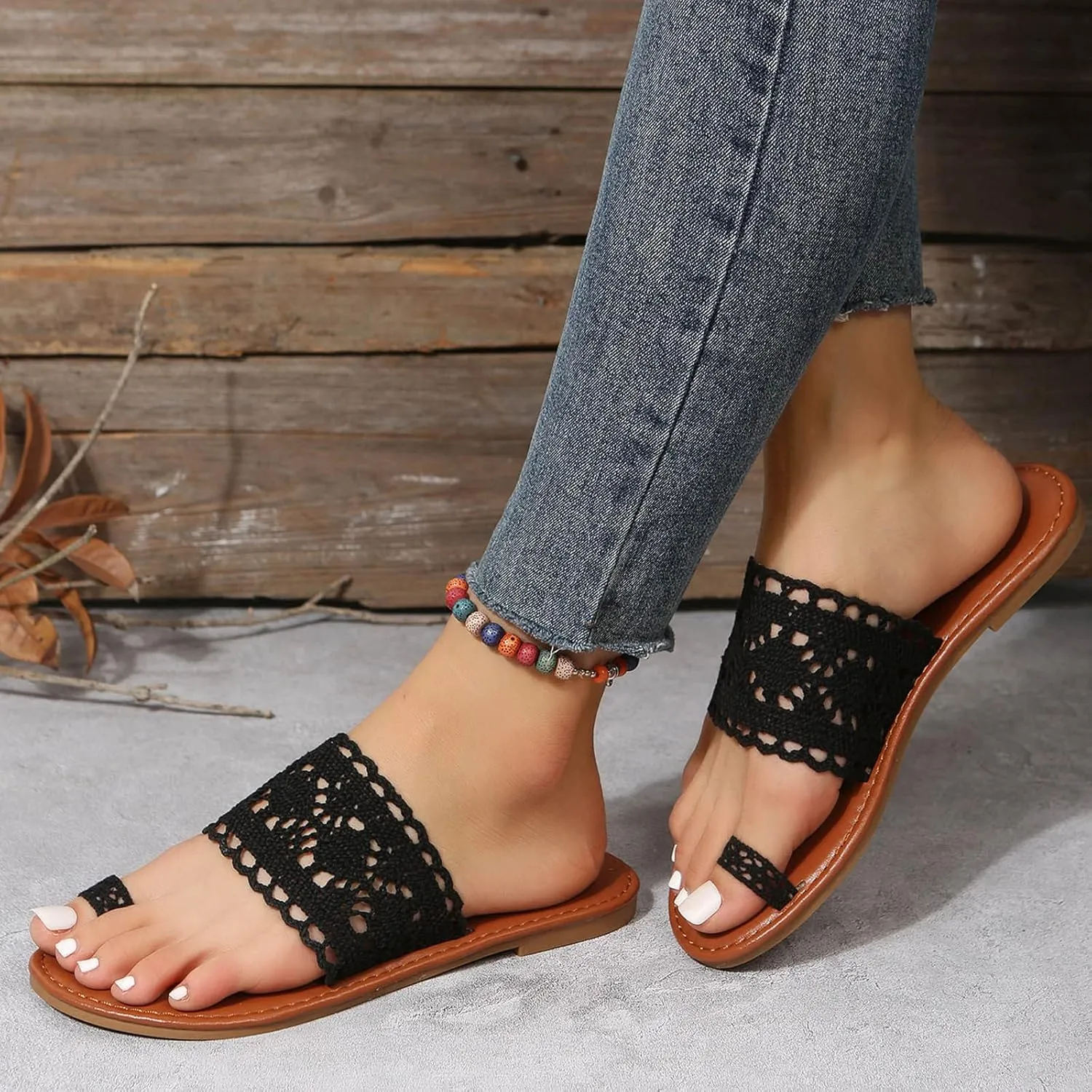 Hbeylia Women’s Slip on Flip Flops Toe Ring Slides Comfort Breathble Knitted Strap Flat Summer Sandals Fashion Footbed Flat Boho Chunky Flat Heel Beach Flip Flops Slides Thongs