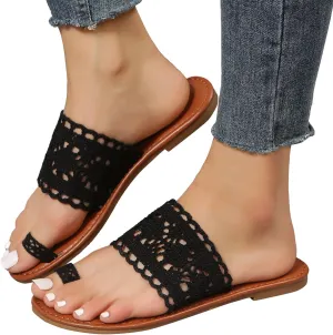Hbeylia Women’s Slip on Flip Flops Toe Ring Slides Comfort Breathble Knitted Strap Flat Summer Sandals Fashion Footbed Flat Boho Chunky Flat Heel Beach Flip Flops Slides Thongs