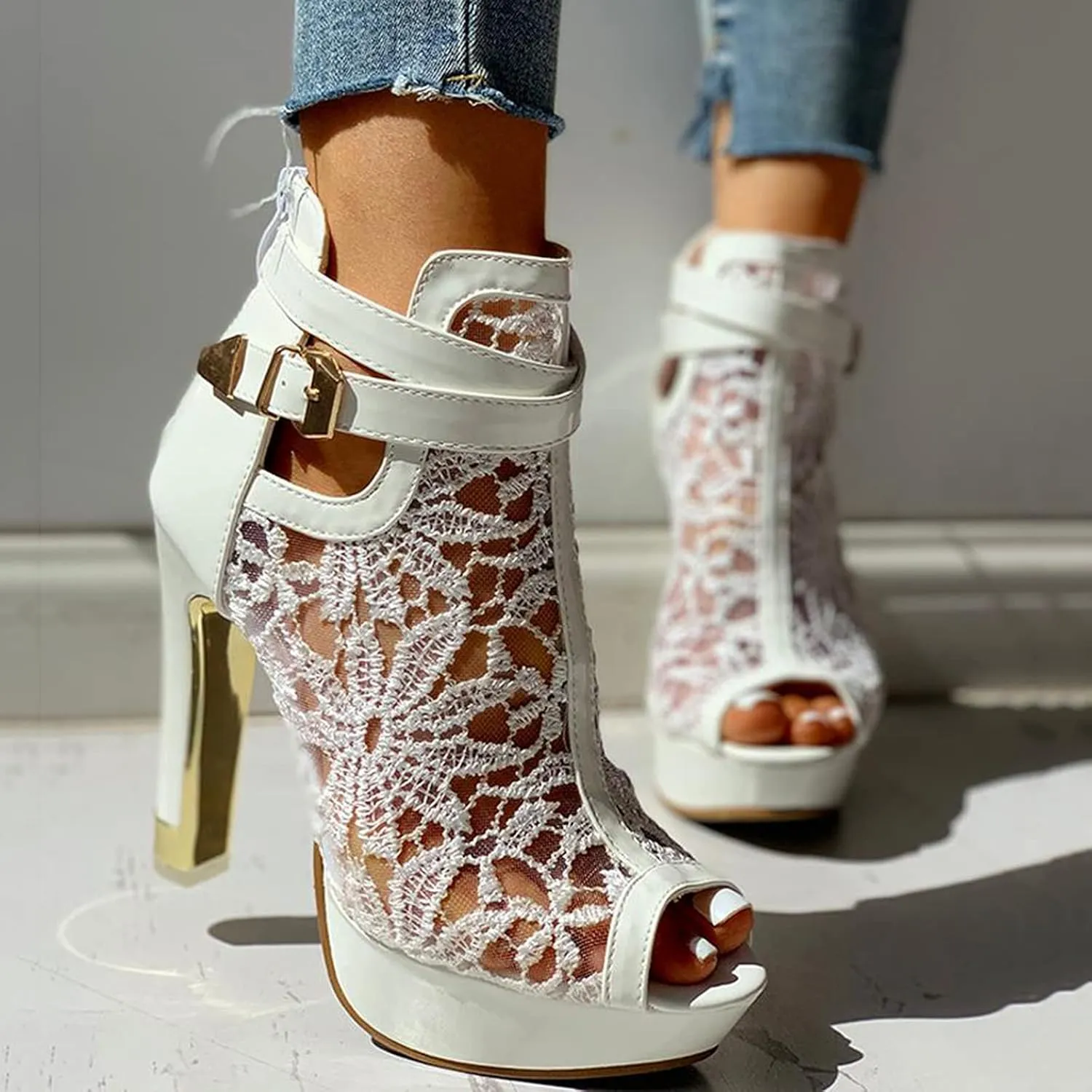 Heel Up Hollow Mesh High Lace Casual Womens Ladies Sexy Sandals Shoes Floral Zip Women's Sandals Slide Sandals for Women Under 10 Dollars (White, 9)
