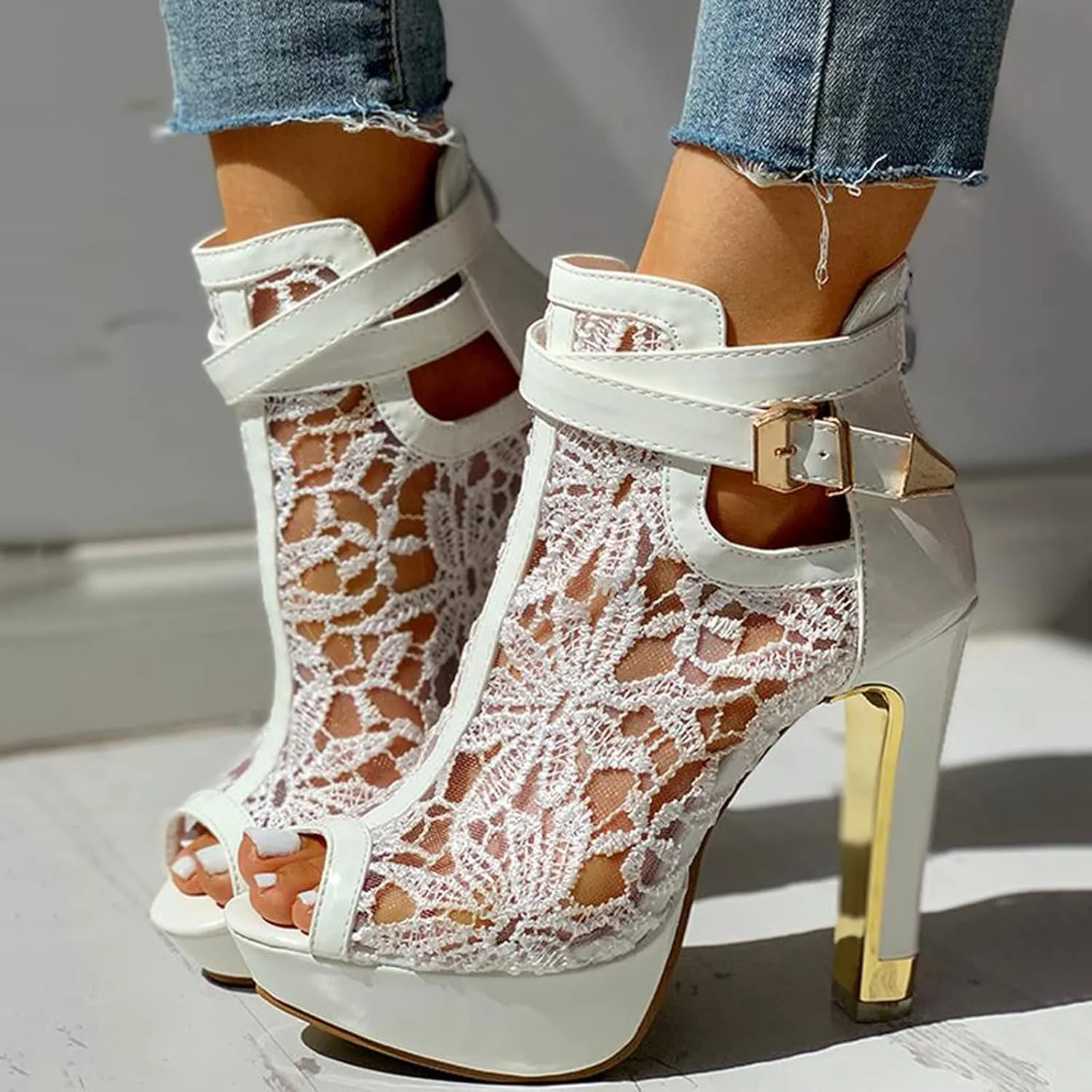 Heel Up Hollow Mesh High Lace Casual Womens Ladies Sexy Sandals Shoes Floral Zip Women's Sandals Slide Sandals for Women Under 10 Dollars (White, 9)