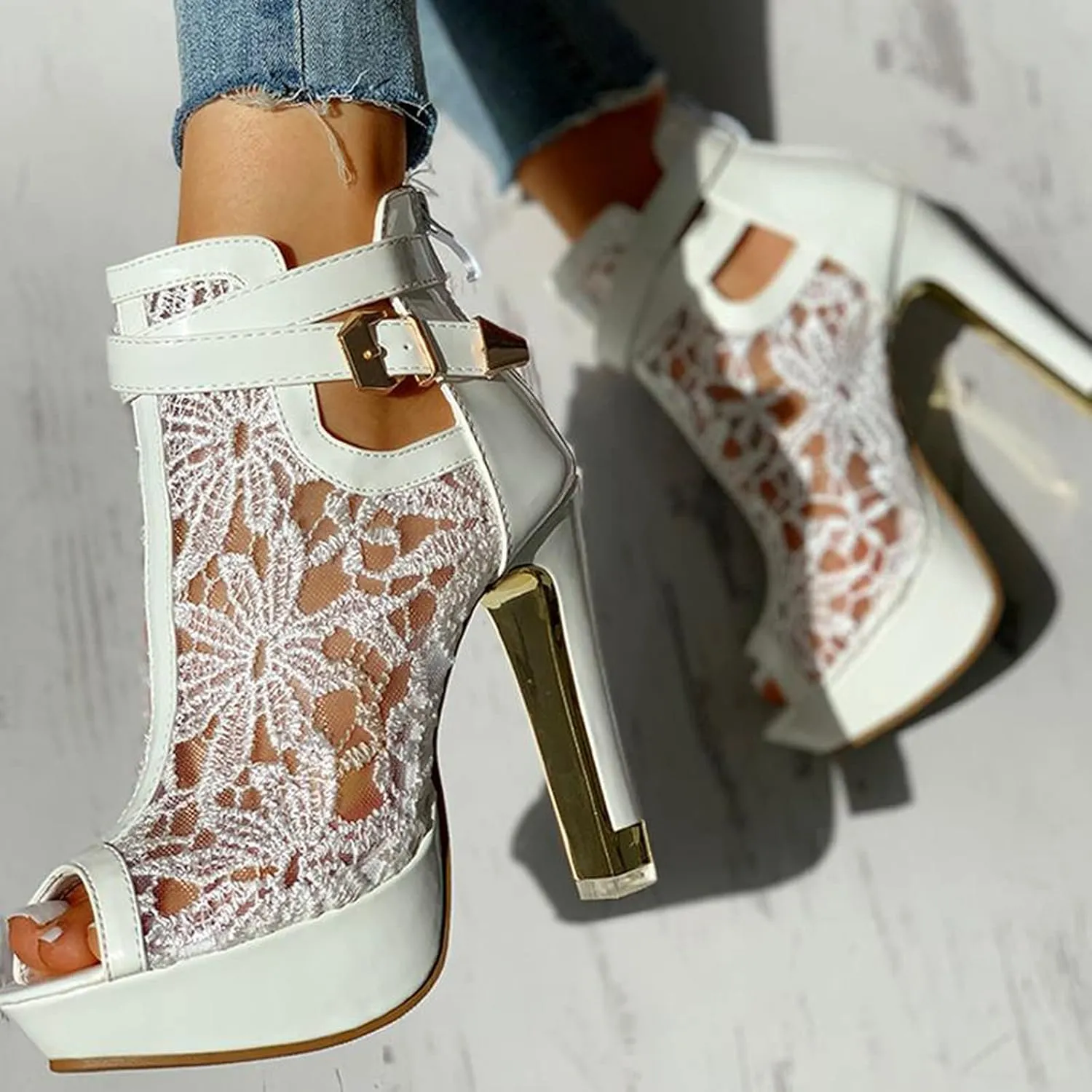 Heel Up Hollow Mesh High Lace Casual Womens Ladies Sexy Sandals Shoes Floral Zip Women's Sandals Slide Sandals for Women Under 10 Dollars (White, 9)