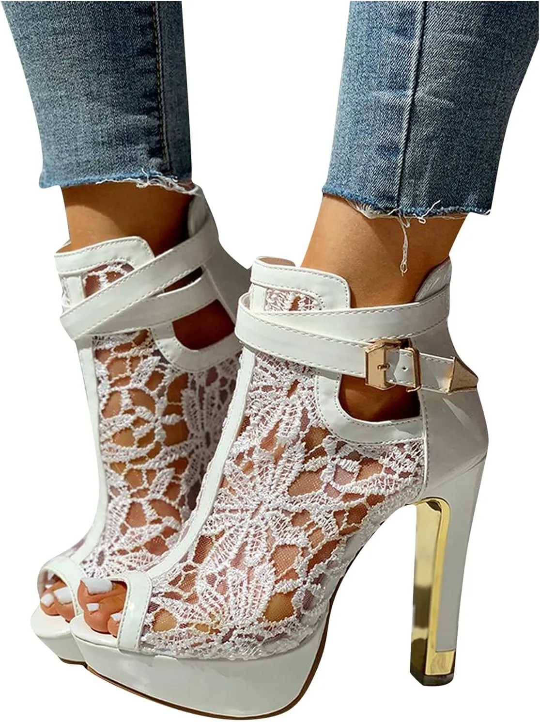 Heel Up Hollow Mesh High Lace Casual Womens Ladies Sexy Sandals Shoes Floral Zip Women's Sandals Slide Sandals for Women Under 10 Dollars (White, 9)