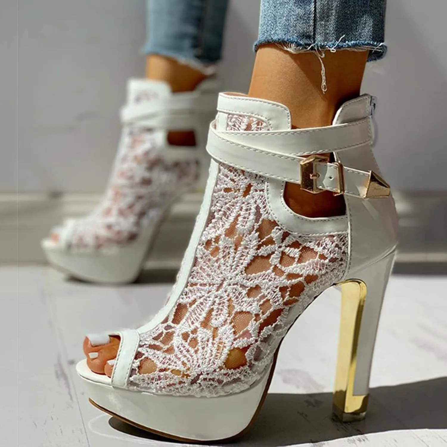 Heel Up Hollow Mesh High Lace Casual Womens Ladies Sexy Sandals Shoes Floral Zip Women's Sandals Slide Sandals for Women Under 10 Dollars (White, 9)