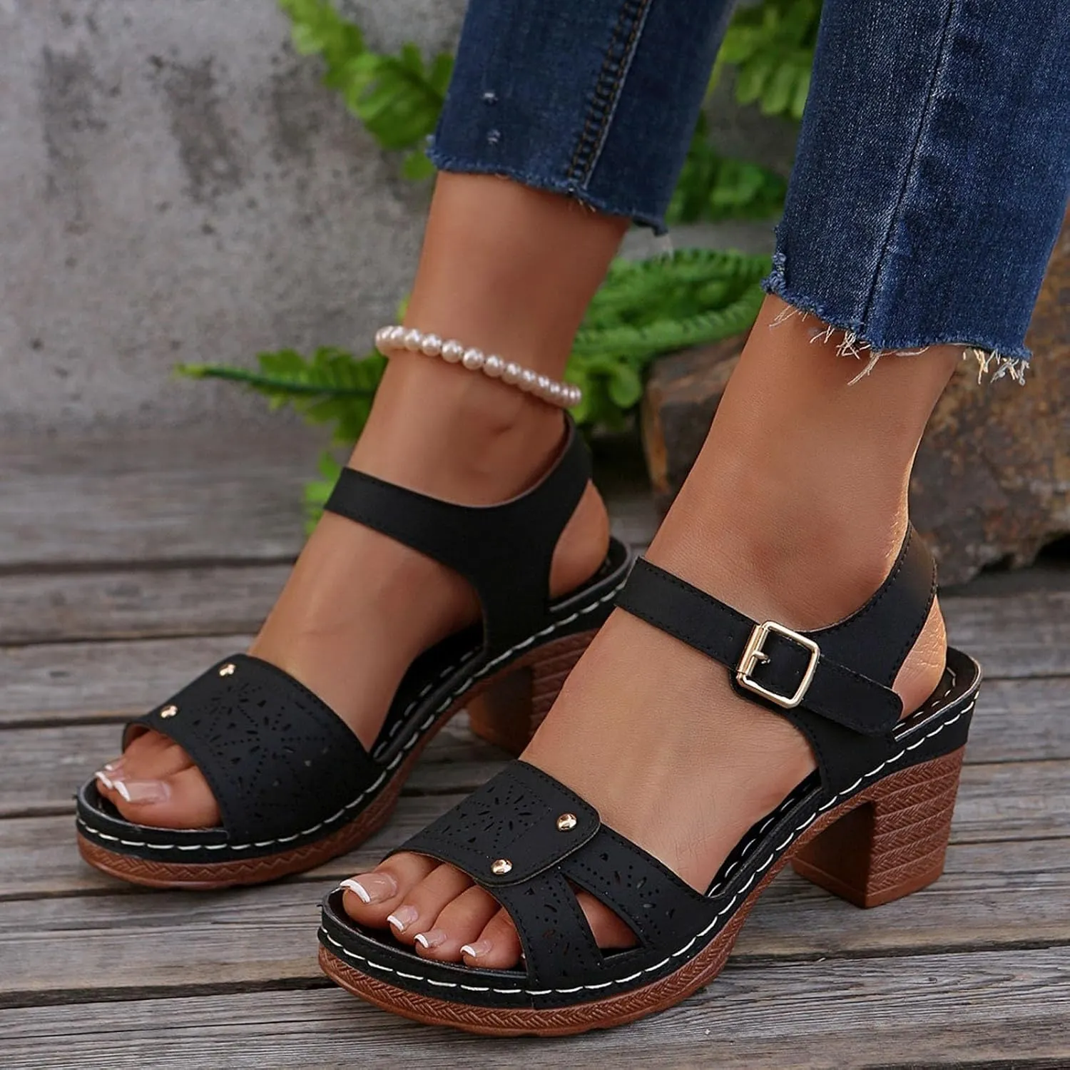Heeled Sandals for Women, Ankle Strap Wedge Sandals Platform Summer Casual Hollow Out Open Toe Low Heel Dressy Shoes