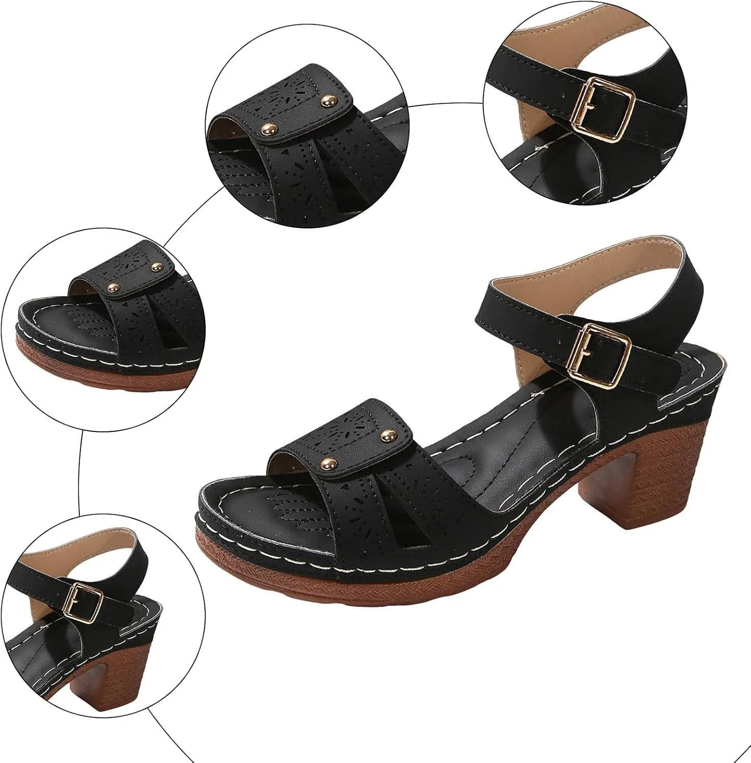 Heeled Sandals for Women, Ankle Strap Wedge Sandals Platform Summer Casual Hollow Out Open Toe Low Heel Dressy Shoes