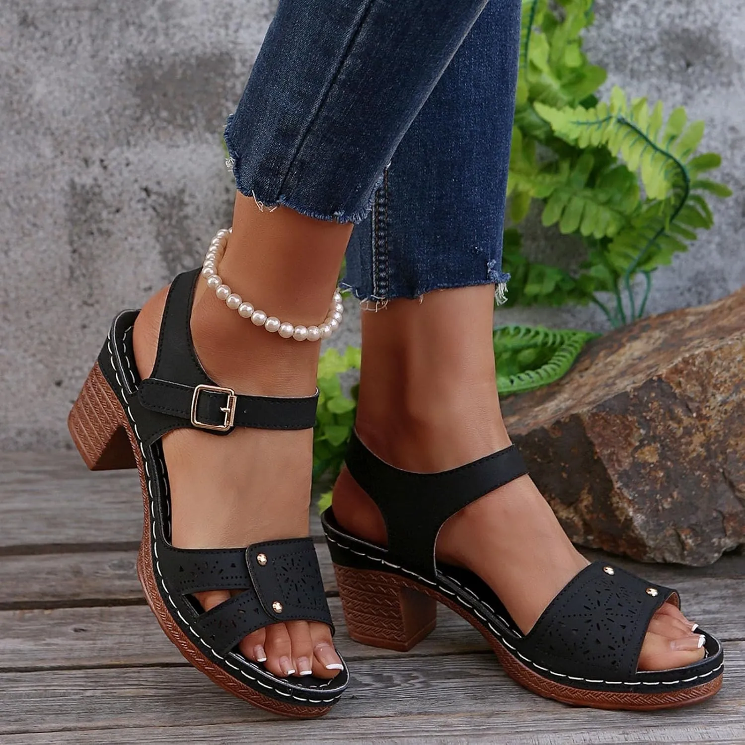 Heeled Sandals for Women, Ankle Strap Wedge Sandals Platform Summer Casual Hollow Out Open Toe Low Heel Dressy Shoes
