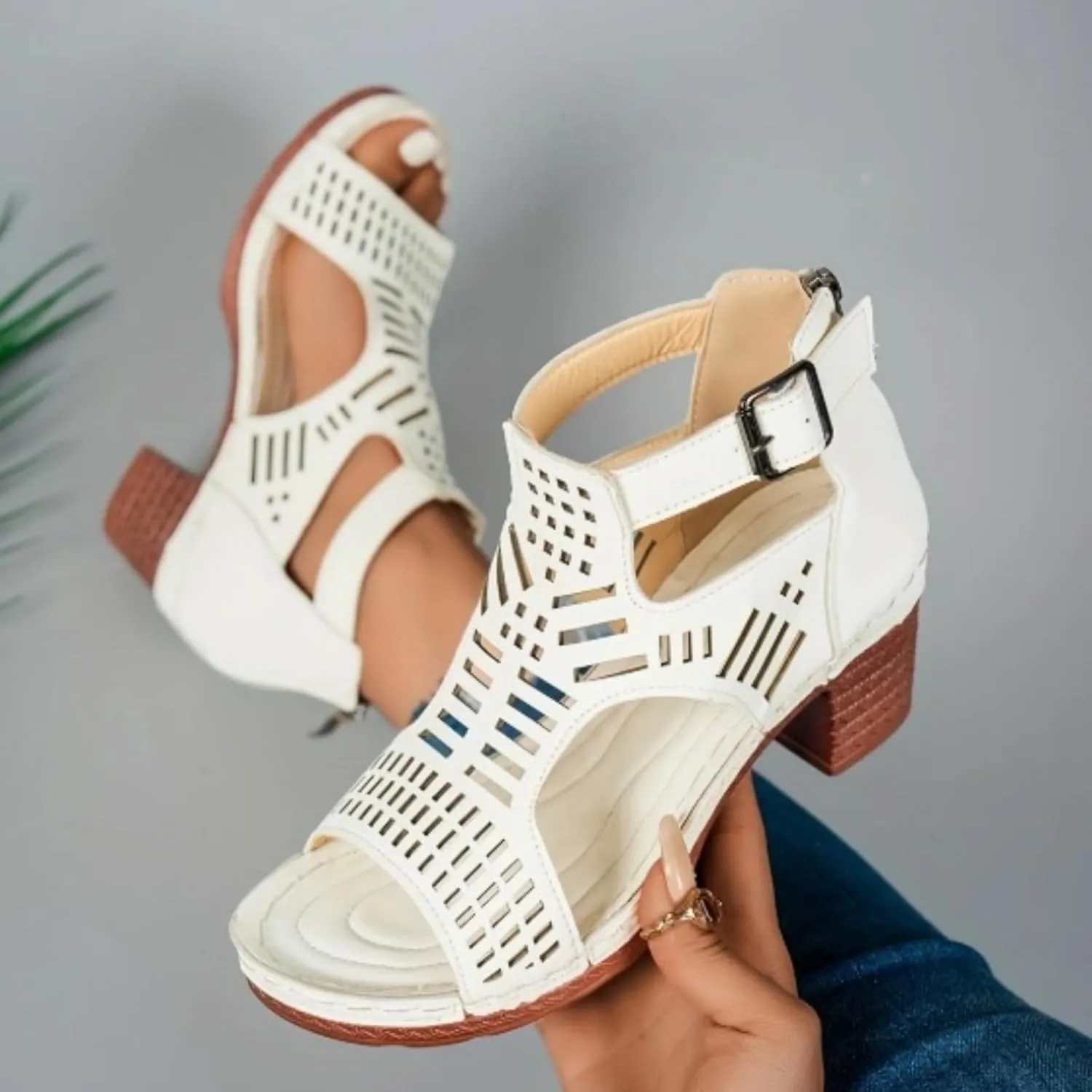 Heeled Sandals Women's Low Block Chunky Heels Sandals Fish Mouth Breathable Hollow Out Walking Shoes Adjustable Ankle Strap Wide Available Shoes for Summer And Daily Wear