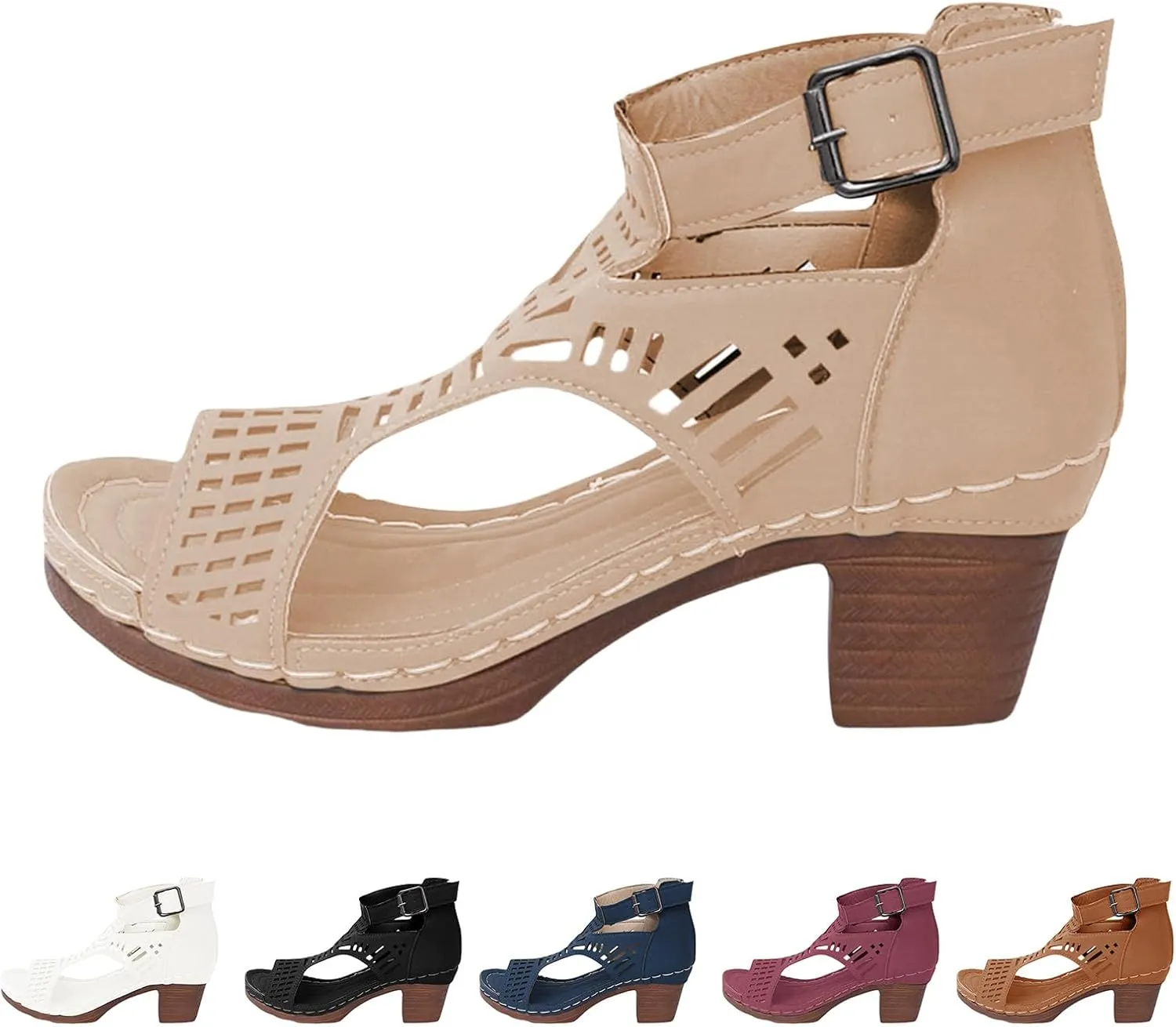Heeled Sandals Women's Low Block Chunky Heels Sandals Fish Mouth Breathable Hollow Out Walking Shoes Adjustable Ankle Strap Wide Available Shoes for Summer And Daily Wear