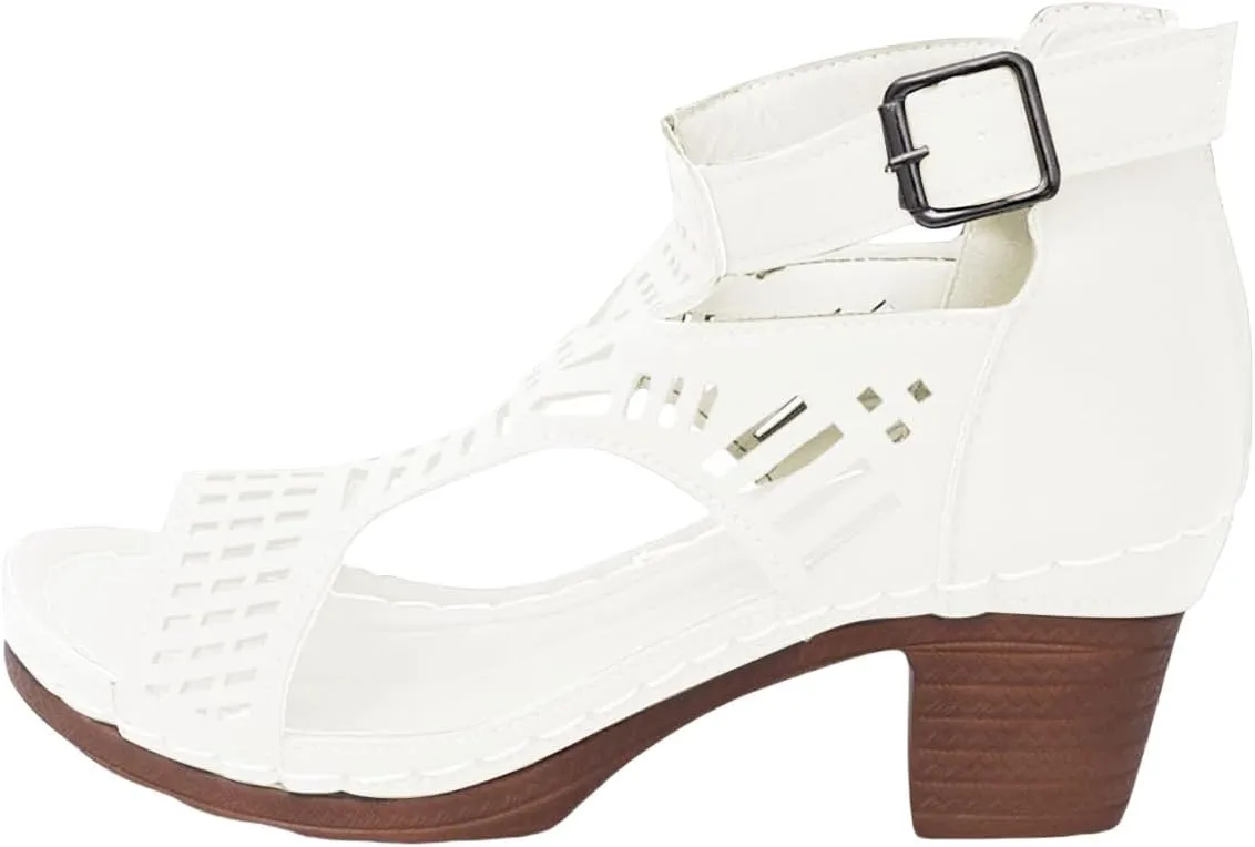 Heeled Sandals Women's Low Block Chunky Heels Sandals Fish Mouth Breathable Hollow Out Walking Shoes Adjustable Ankle Strap Wide Available Shoes for Summer And Daily Wear