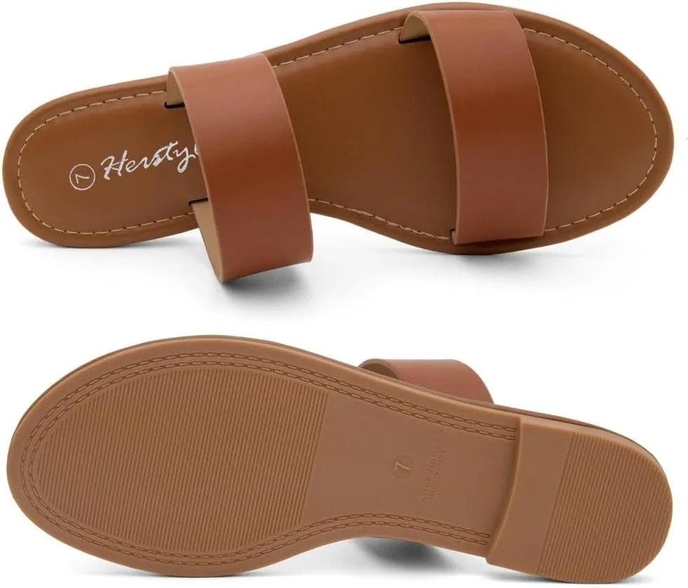 Herstyle Women’s Flat Sandals – Slip-On Double Strap Slides with Memory Foam, Trendy 2025 Summer Shoes, Lightweight Open Toe Dressy & Casual Sandals for Women