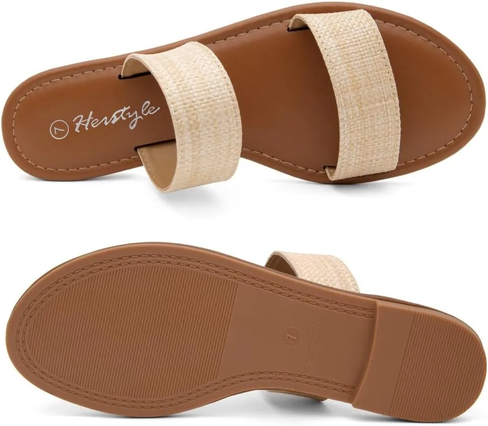 Herstyle Women’s Flat Sandals – Slip-On Double Strap Slides with Memory Foam, Trendy 2025 Summer Shoes, Lightweight Open Toe Dressy & Casual Sandals for Women