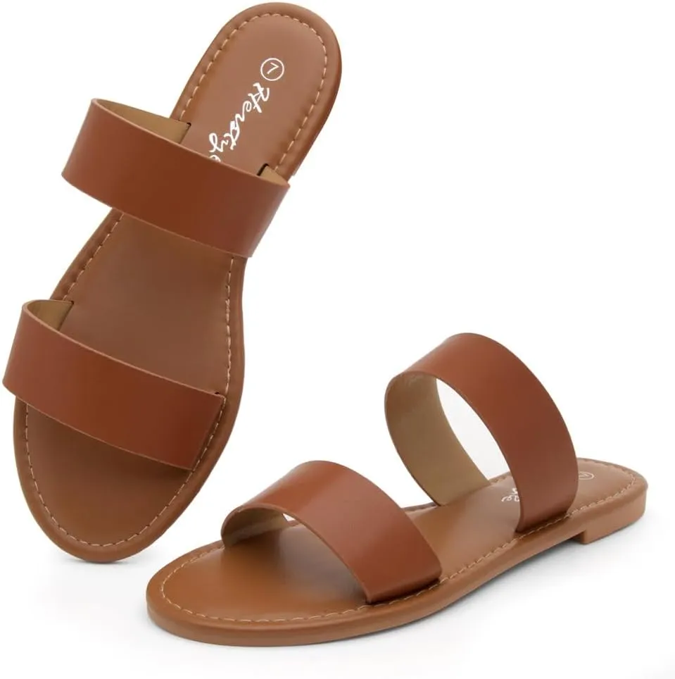 Herstyle Women’s Flat Sandals – Slip-On Double Strap Slides with Memory Foam, Trendy 2025 Summer Shoes, Lightweight Open Toe Dressy & Casual Sandals for Women