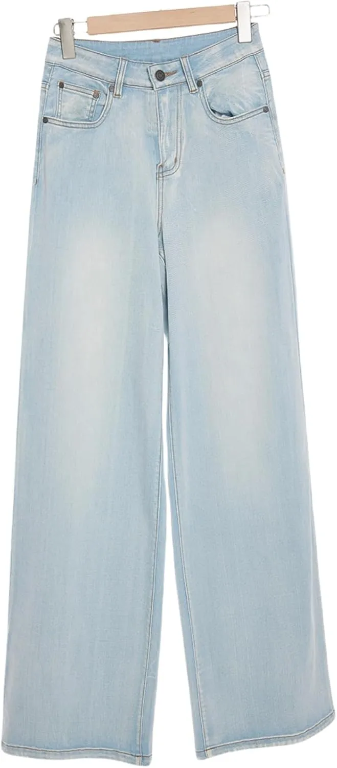 High Waist Stretchy Wide Leg Jeans for Women Basic Straight Denim Pants Raw Hem Underwear Trouser