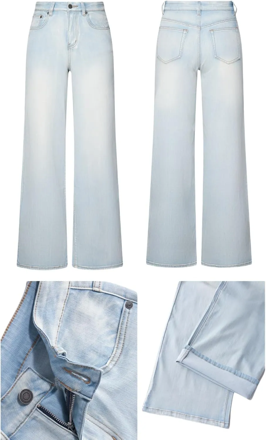 High Waist Stretchy Wide Leg Jeans for Women Basic Straight Denim Pants Raw Hem Underwear Trouser