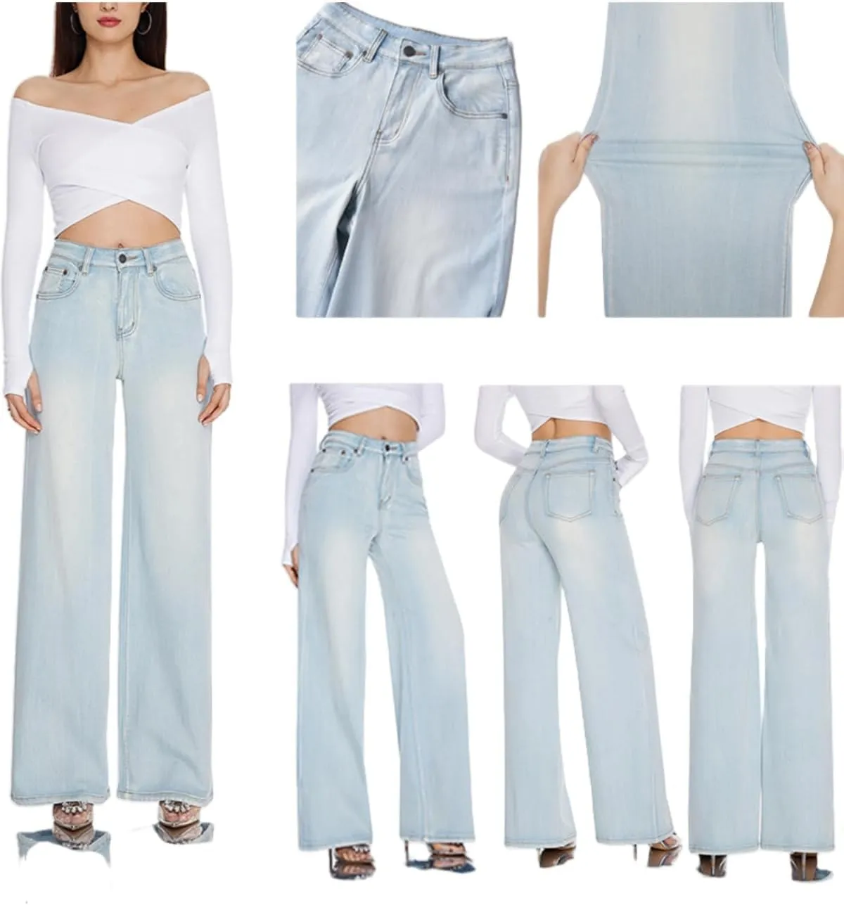 High Waist Stretchy Wide Leg Jeans for Women Basic Straight Denim Pants Raw Hem Underwear Trouser