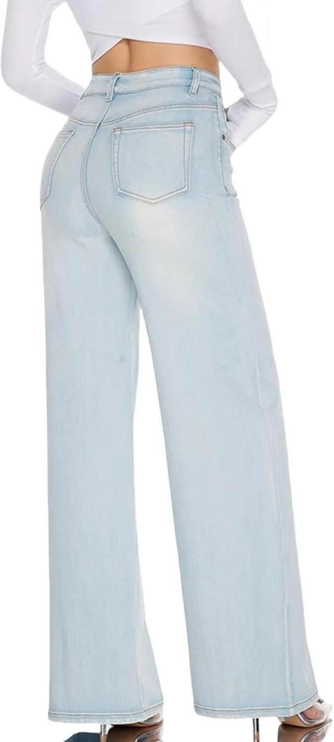 High Waist Stretchy Wide Leg Jeans for Women Basic Straight Denim Pants Raw Hem Underwear Trouser
