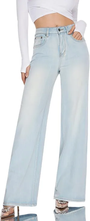 High Waist Stretchy Wide Leg Jeans for Women Basic Straight Denim Pants Raw Hem Underwear Trouser