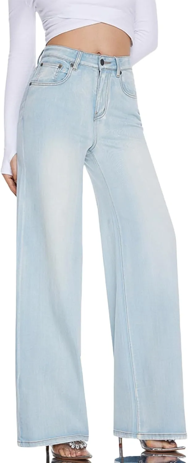 High Waist Stretchy Wide Leg Jeans for Women Basic Straight Denim Pants Raw Hem Underwear Trouser