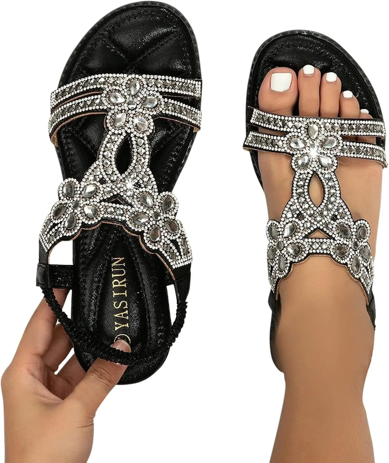 HINDOLA Women Rhinestone Sandals Summer Flat Gladiator Ankle Dress Strap Boho Beach Shoes Crystal Casual Arch Support Sandals