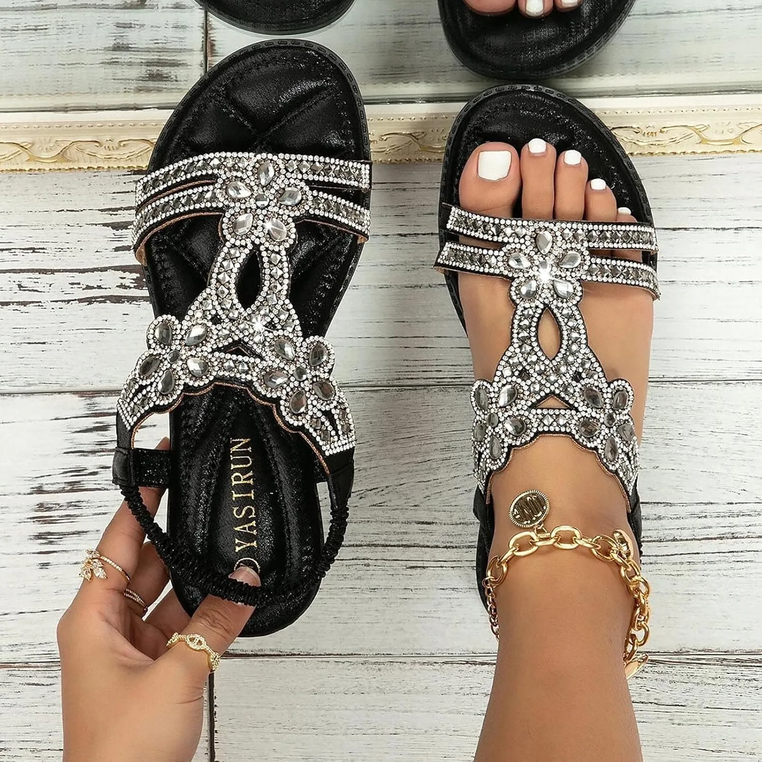 HINDOLA Women Rhinestone Sandals Summer Flat Gladiator Ankle Dress Strap Boho Beach Shoes Crystal Casual Arch Support Sandals