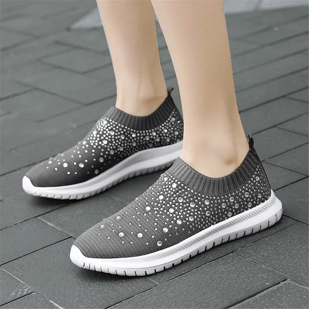 HINDOLA Women's Mesh Walking Shoes Rhinestone Glitter Slip On Ballroom Jazz Latin Dance Sock Sneakers Casual Shoes