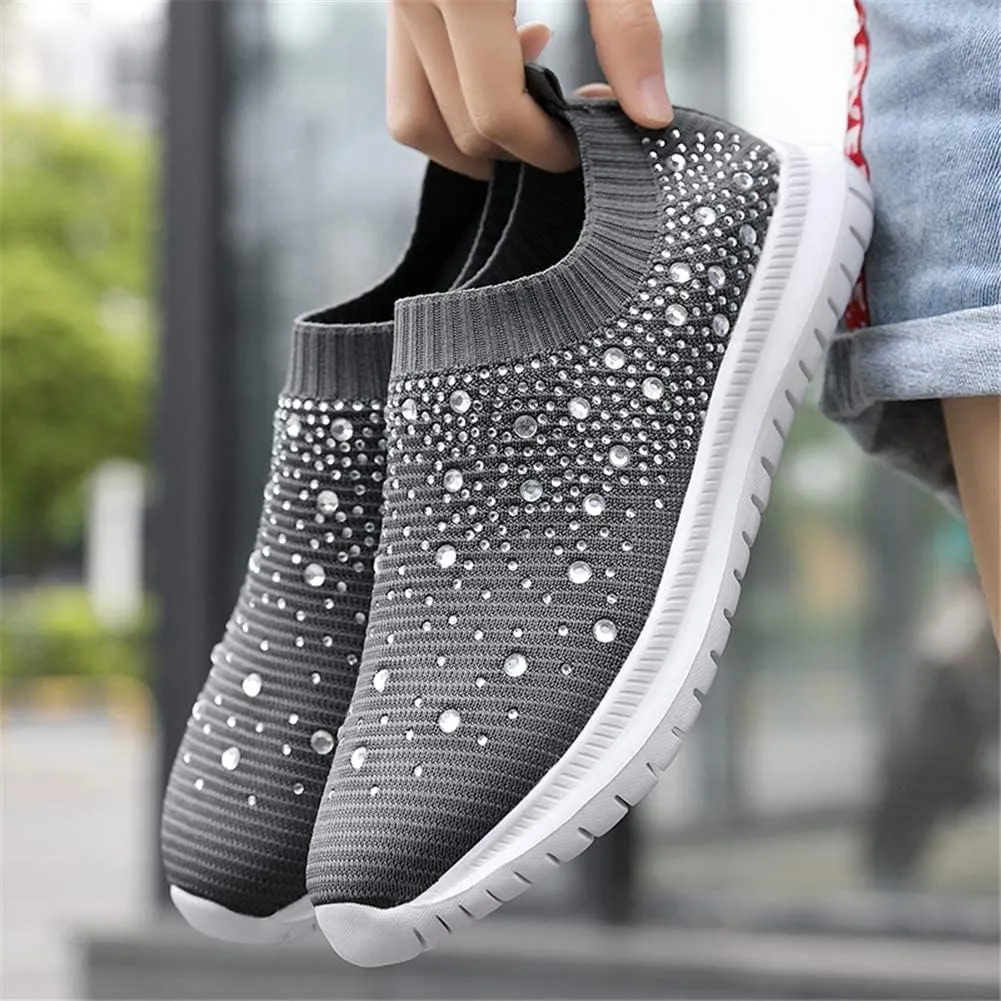 HINDOLA Women's Mesh Walking Shoes Rhinestone Glitter Slip On Ballroom Jazz Latin Dance Sock Sneakers Casual Shoes