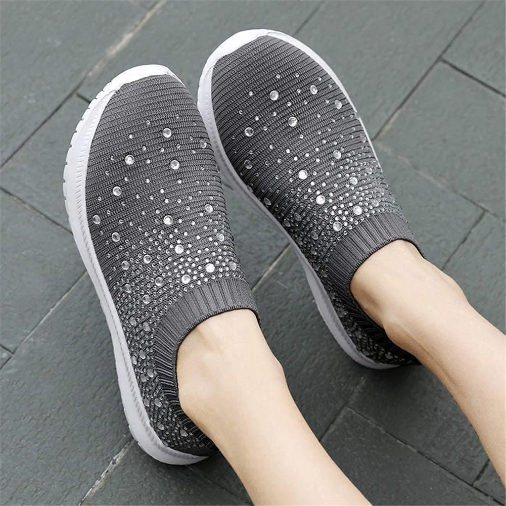 HINDOLA Women's Mesh Walking Shoes Rhinestone Glitter Slip On Ballroom Jazz Latin Dance Sock Sneakers Casual Shoes