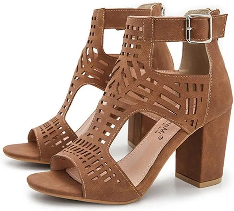 HINDOLA Women's Sandals Summer Block Heels Buckle up Sandal Women Cut Out Peep Toe Zipper Block Heel High heel