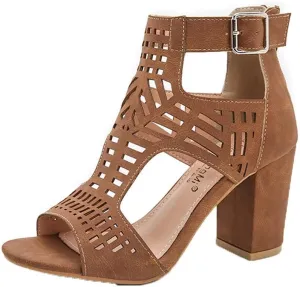 HINDOLA Women's Sandals Summer Block Heels Buckle up Sandal Women Cut Out Peep Toe Zipper Block Heel High heel