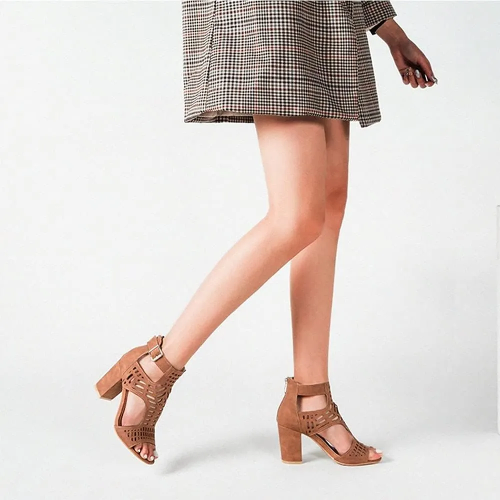 HINDOLA Women's Sandals Summer Block Heels Buckle up Sandal Women Cut Out Peep Toe Zipper Block Heel High heel