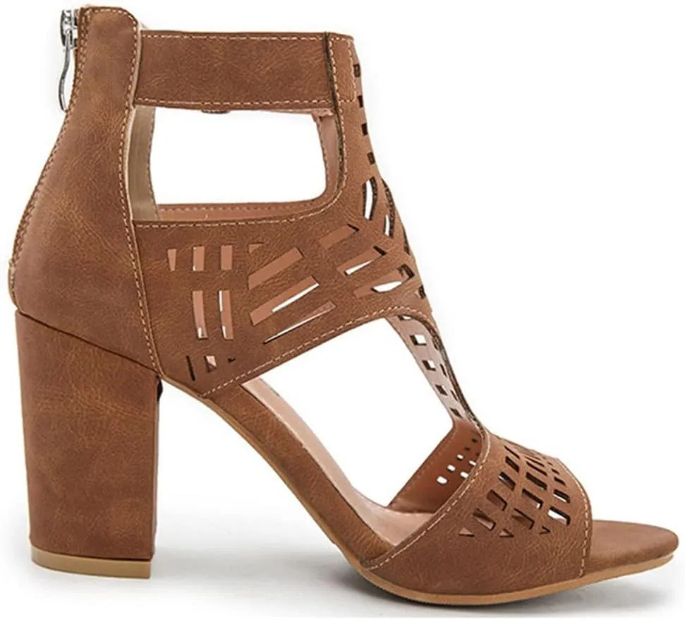 HINDOLA Women's Sandals Summer Block Heels Buckle up Sandal Women Cut Out Peep Toe Zipper Block Heel High heel