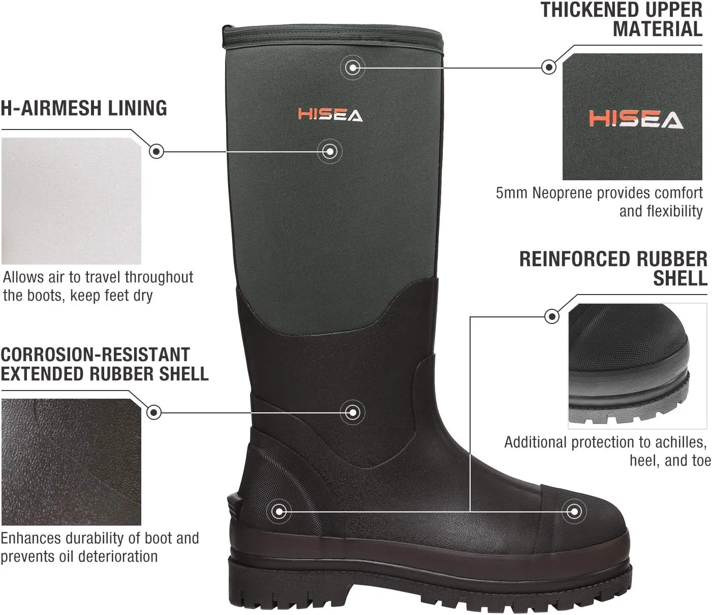 HISEA Men's Rubber Neoprene Rain Boots, Snow Boots - Tall Warm Waterproof Mens Winter Boots Durable Slip Resistant Boots for Men Outdoor Working, Hunting, Fishing
