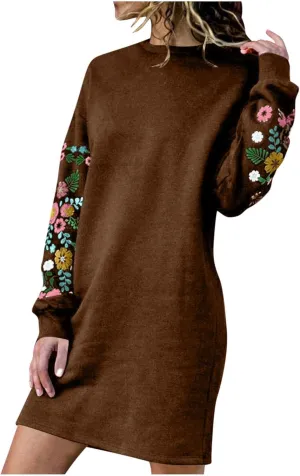 Holiday Party Dresses for Women 2024 Winter Fall Long Sleeve Crewneck Sweatshirt Dress Casual Aztec Ethnic Mini Dress
