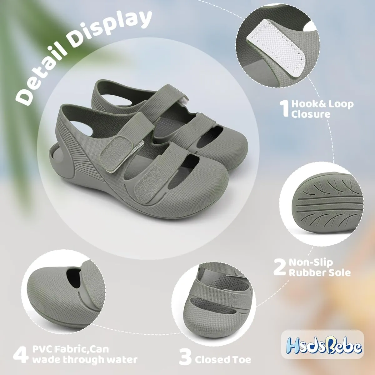 HsdsBebe Little Kids Beach Sandals Toddler Boys Girls Jelly Sandals Closed-Toe With Anti-Slip Rubber Sole Children Summer Outdoor Water Shoes