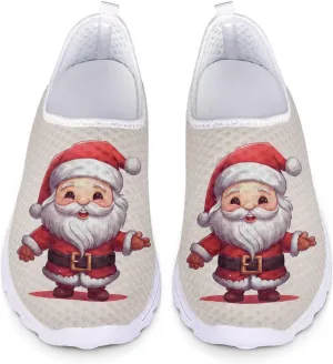 HUIACONG Christmas Walking Sneakers Cartoon Santa Claus Flat Shoes for Women Teen Girls Slip On Tennis Shoes Size 11 Summer Shoes for Footwear Beach Picinc Holiday Active Athletic Trainers