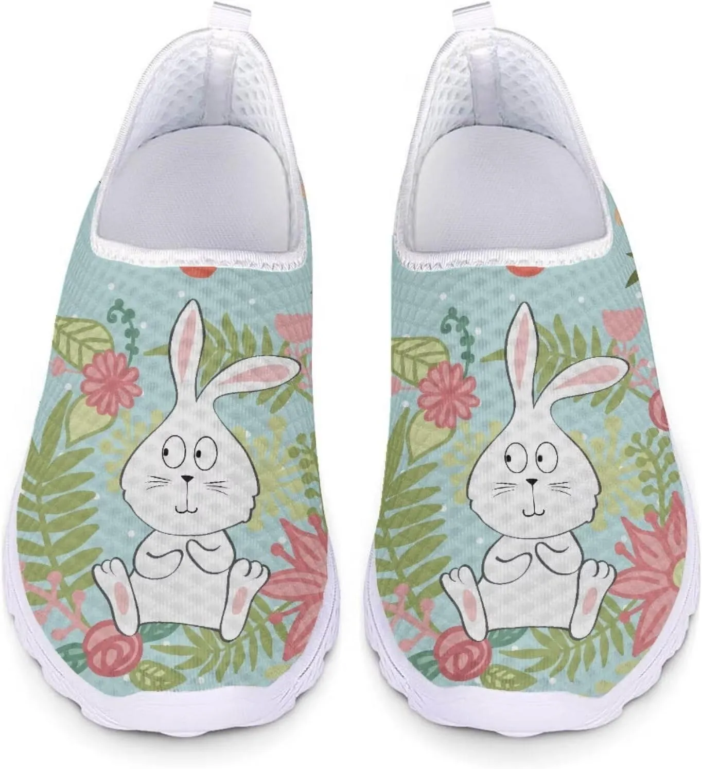 HUIACONG Easter Rabbit Shoes for Women Slip On Sneakers Leaves Floral Athletic Walking Shoes Teen Girls Jogging Dance Trainers Size 7 Tennis Breathable Flat