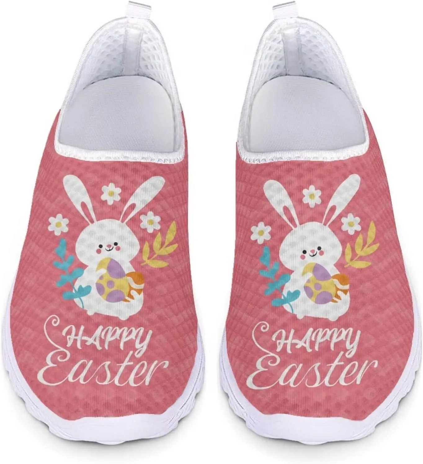 HUIACONG Happy Easter Womens Slip On Sneaker Easter Rabbit Egg Running Shoes for Teen Girls Casual Walking Trainers Size 11 Breathable Lightweight Tennis Shoes Footwear Pink
