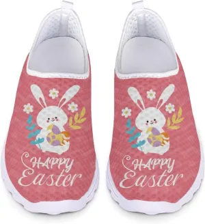 HUIACONG Happy Easter Womens Slip On Sneaker Easter Rabbit Egg Running Shoes for Teen Girls Casual Walking Trainers Size 11 Breathable Lightweight Tennis Shoes Footwear Pink