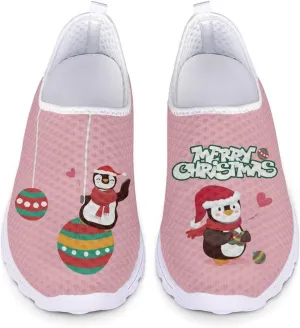 HUIACONG Merry Christmas Penguin Shoes for Women Teen Girls Sneakers Lightweight Workout Gym Tennis Trainers Slip On Walking Running Shoes for Holiday Party, 13.5 Size